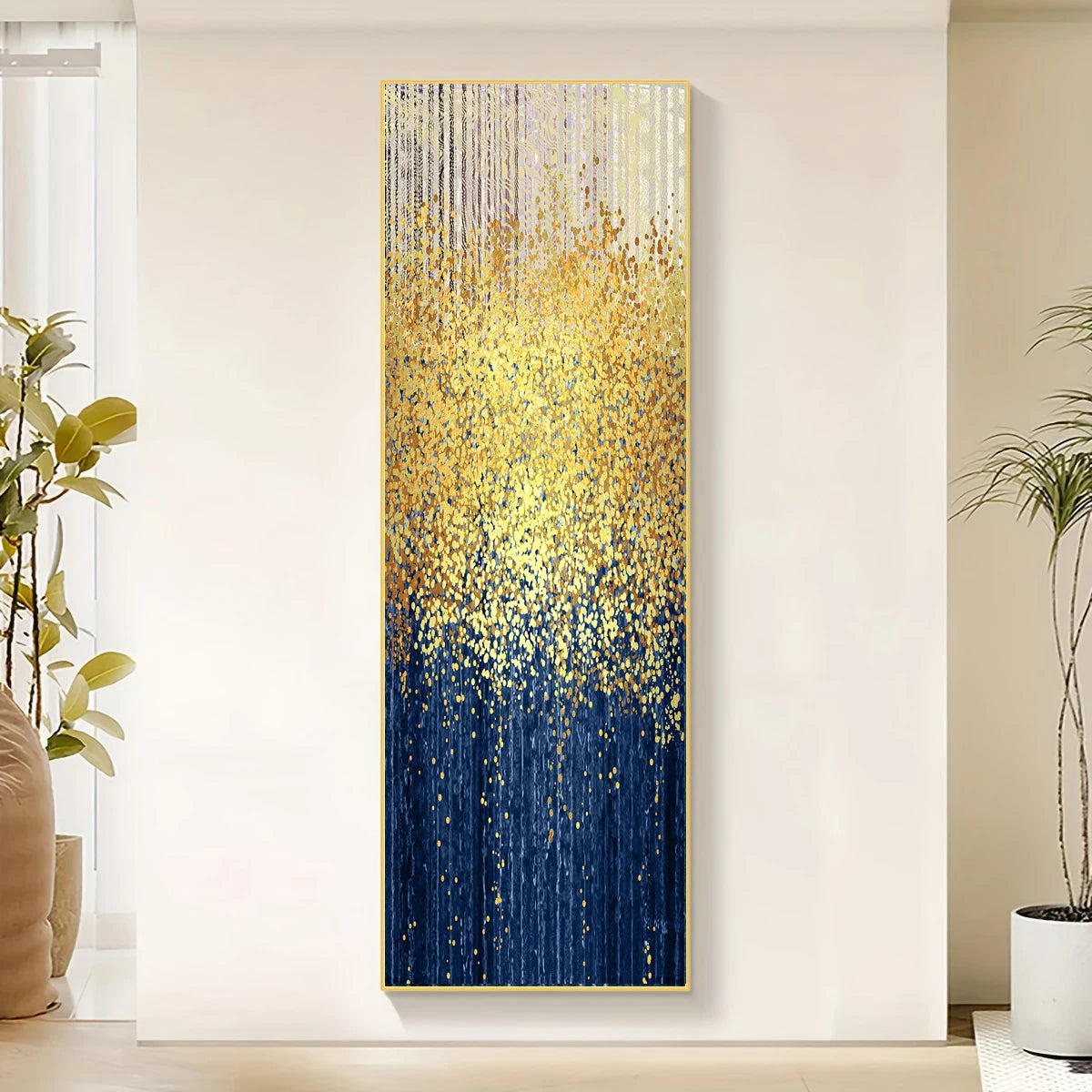 Golden Rain Modern Abstract Vertical Format Wall Art Fine Art Canvas Print Tall Skycraper Format Artwork For Living Room Reception Room Foyer Art Decor