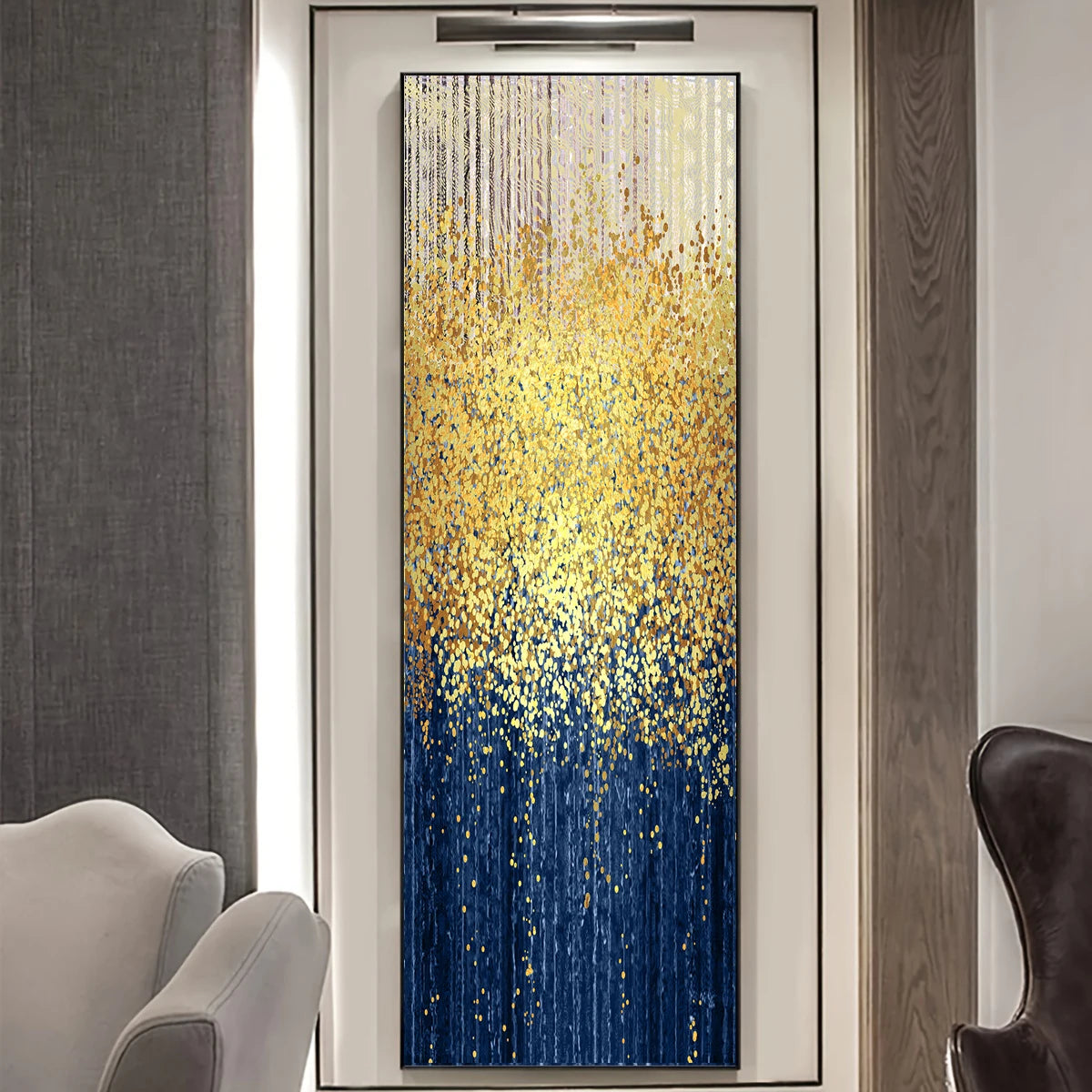Golden Rain Modern Abstract Vertical Format Wall Art Fine Art Canvas Print Tall Skycraper Format Artwork For Living Room Reception Room Foyer Art Decor