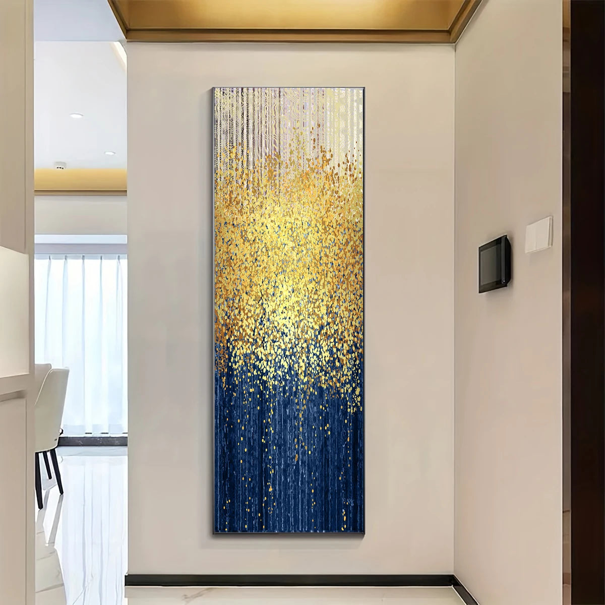 Golden Rain Modern Abstract Vertical Format Wall Art Fine Art Canvas Print Tall Skycraper Format Artwork For Living Room Reception Room Foyer Art Decor 2025