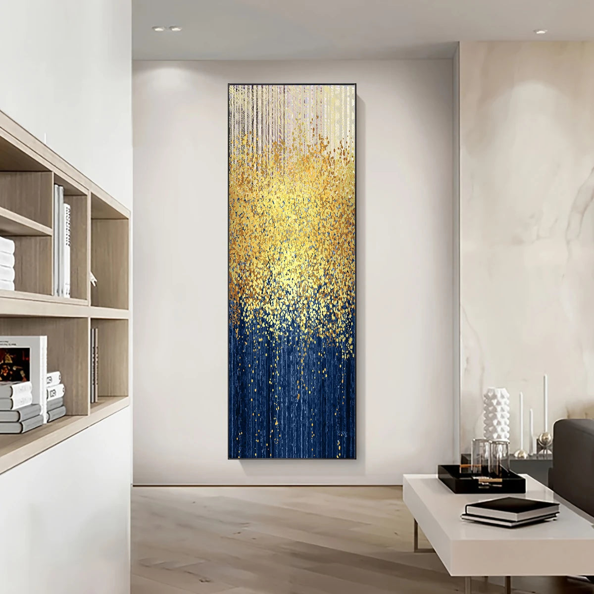 Golden Rain Modern Abstract Vertical Format Wall Art Fine Art Canvas Print Tall Skycraper Format Artwork For Living Room Reception Room Foyer Art Decor 2025