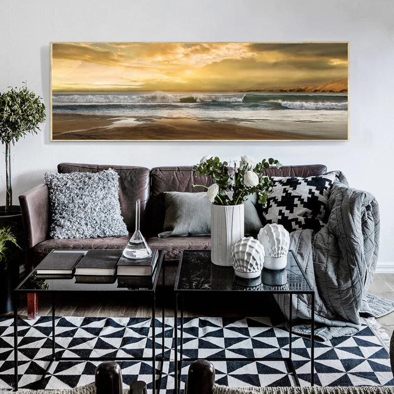 Golden Sunset Seascape Wide Format Landscape Wall Art Fine Art Canvas Prints Picture Above The Sofa Modern Art For Above The Bed