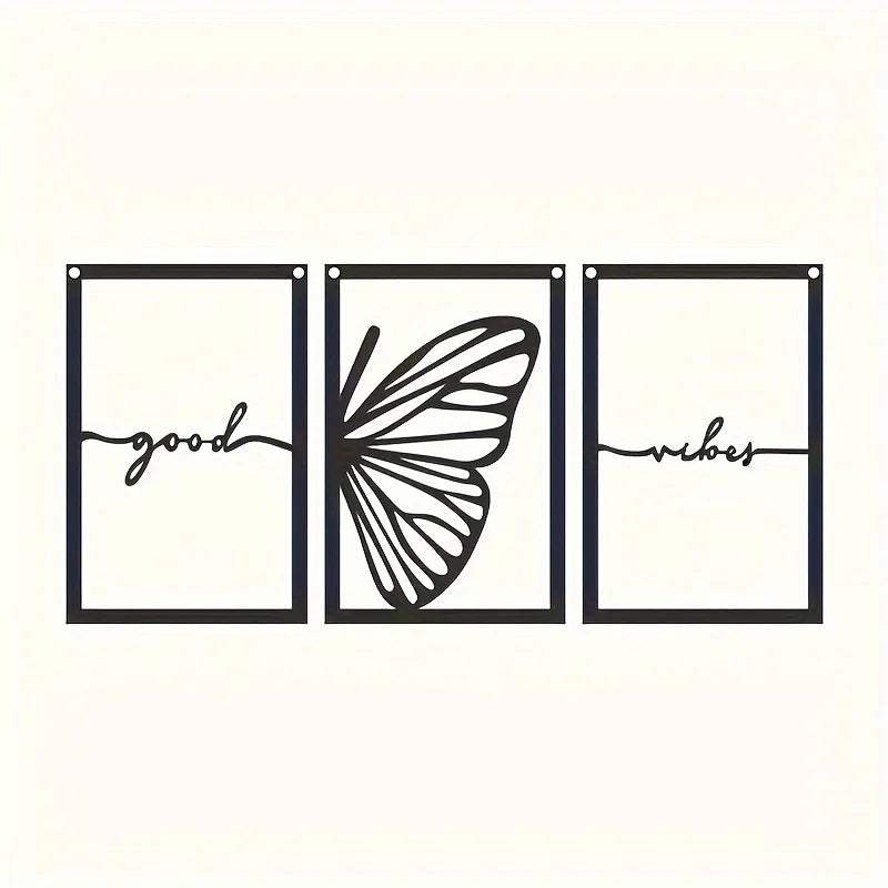 Good Vibes Butterfly Wings Black Metal Wall Art 3D Sculpted Iron Plaque Wall Decoration Modern Art For Living Room Dining Room Creative Nordic Home Decor