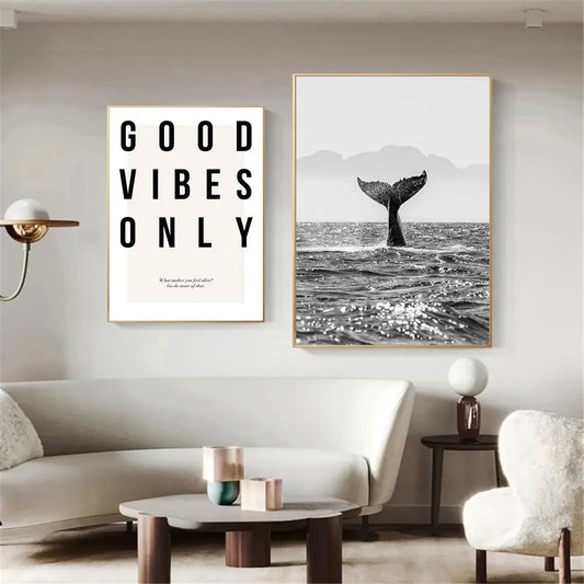Good Vibes Only Black White Whale Poster Nordic Pictures Of Calm Wall Art Fine Art Canvas Prints Gallery Wall Art Prints For Modern Living