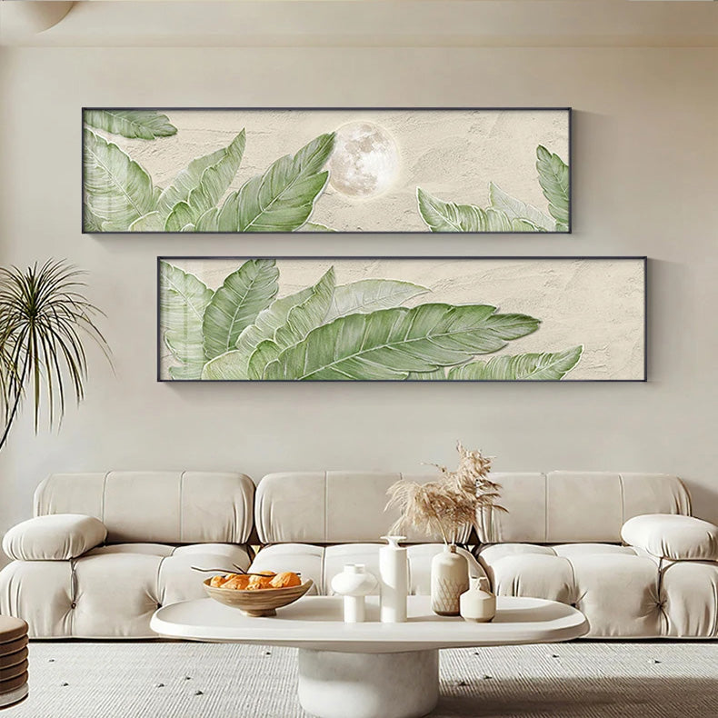 Green Leaves Nature Wide Format Wall Art Fine Art Canvas Prints Beige Botanical Pictures For Above The Sofa Wide Picture For Above The Bed