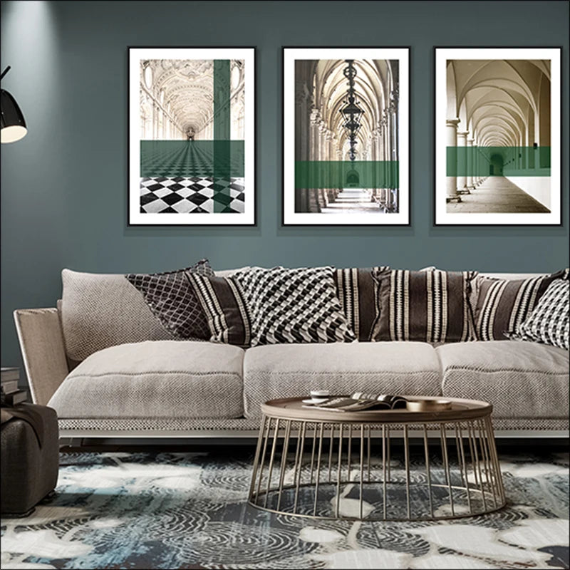 Green Stripe Overlaid Arches Wall Art Fine Art Canvas Prints Classic Architectural Abstract Pictures For Modern Apartment Living Room Dining Room Art Decor