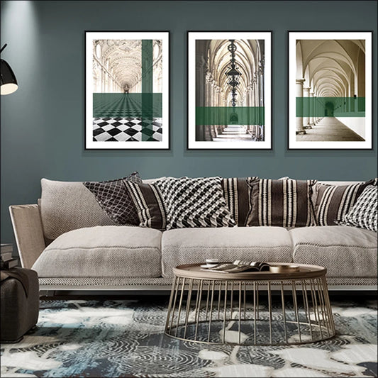 Green Stripe Overlaid Arches Wall Art Fine Art Canvas Prints Classic Architectural Abstract Pictures For Modern Apartment Living Room Dining Room Art Decor