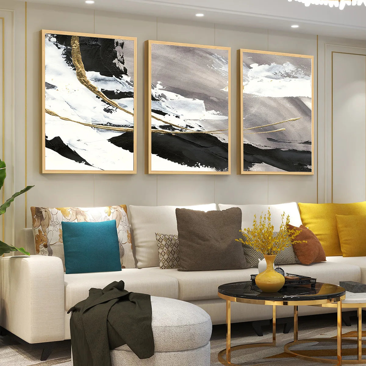 Grey Black Golden Abstract Triptych Wall Art Fine Art Canvas Prints Set of 3 Pictures For Modern Apartment Living Room Bedroom Art Decor