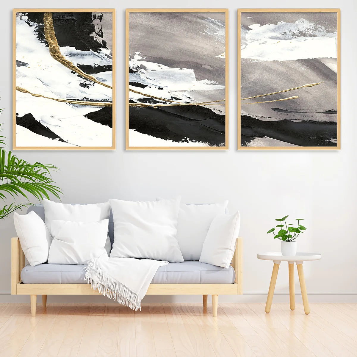 Grey Black Golden Abstract Triptych Wall Art Fine Art Canvas Prints Set of 3 Pictures For Modern Apartment Living Room Bedroom Art Decor