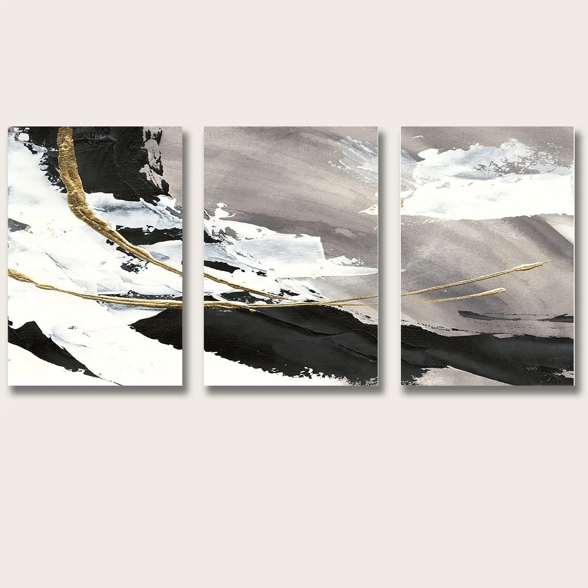 Grey Black Golden Abstract Triptych Wall Art Fine Art Canvas Prints Set of 3 Pictures For Modern Apartment Living Room Bedroom Art Decor