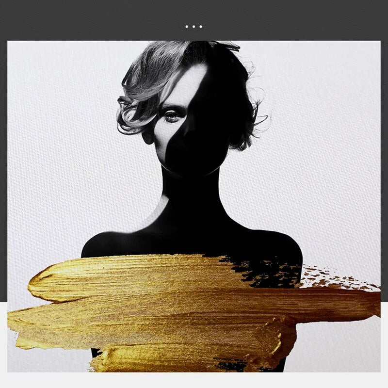 Black White Golden Minimalist Portrait Figure Art Abstract Wall Art Square Format Fine Art Canvas Prints For Modern Home Decor