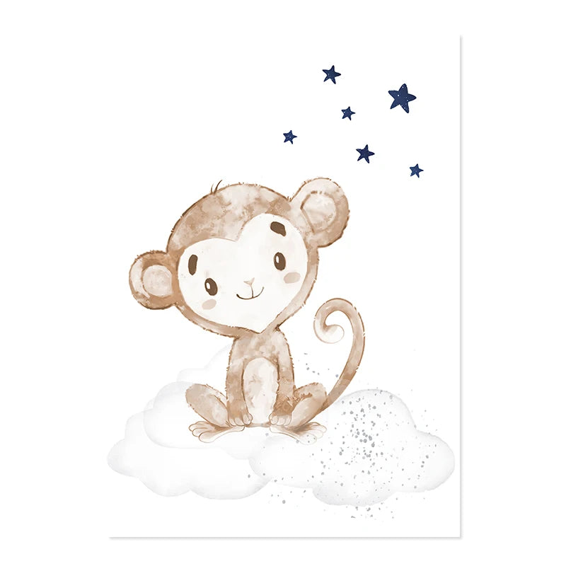 Cute Animals Blue Moon & Stars Personalized Baby's Name Wall Art Fine Art Canvas Prints For Nursery Room Pictures For Kid's Room Decor