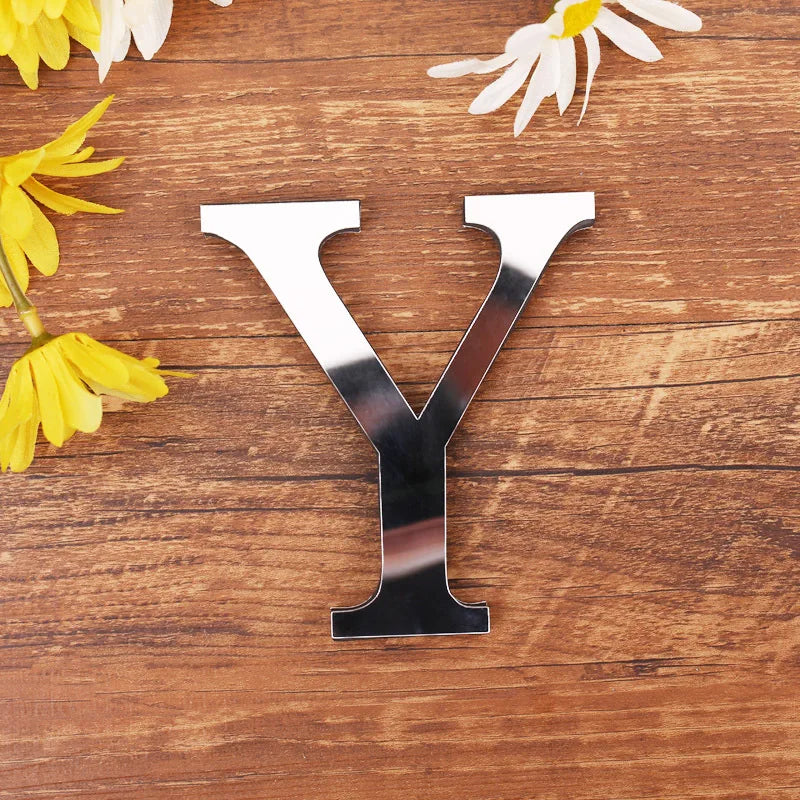 Self Adhesive 3d Silver Letter Wall Stickers Mirrored Acrylic Alphabet Signage Lettering For Living Room Kid's Room Birthday Party Creative DIY Home Decor