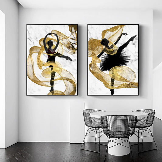 Golden Ribbon Dancer Wall Art Fine Art Canvas Prints Modern Abstract Fashion Pictures For Living Room Bedroom Salon Art Decor