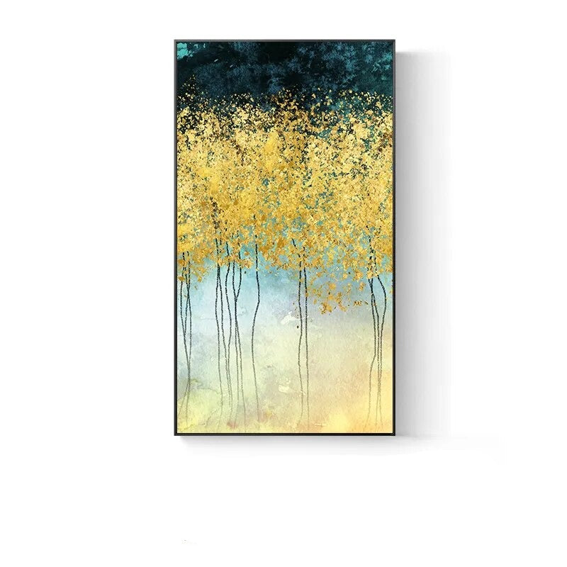 Modern Abstract Auspicious Golden Leaf Forest Wall Art Fine Art Canvas Prints Pictures For Entrance Hall Kitchen Living Room Dining Room Decor