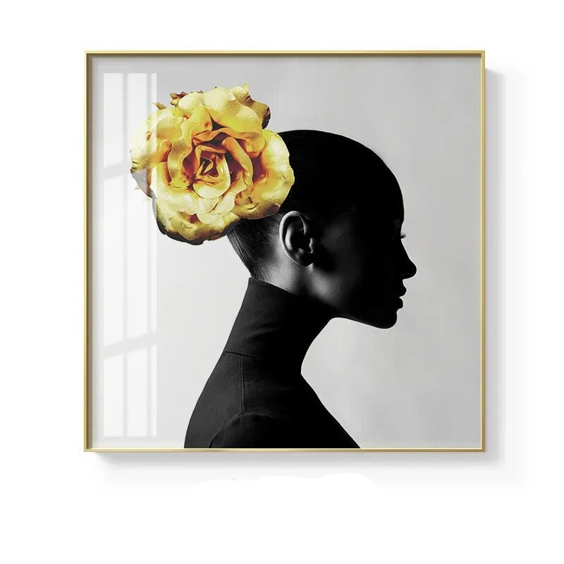 Black White Golden Minimalist Portrait Figure Art Abstract Wall Art Square Format Fine Art Canvas Prints For Modern Home Decor