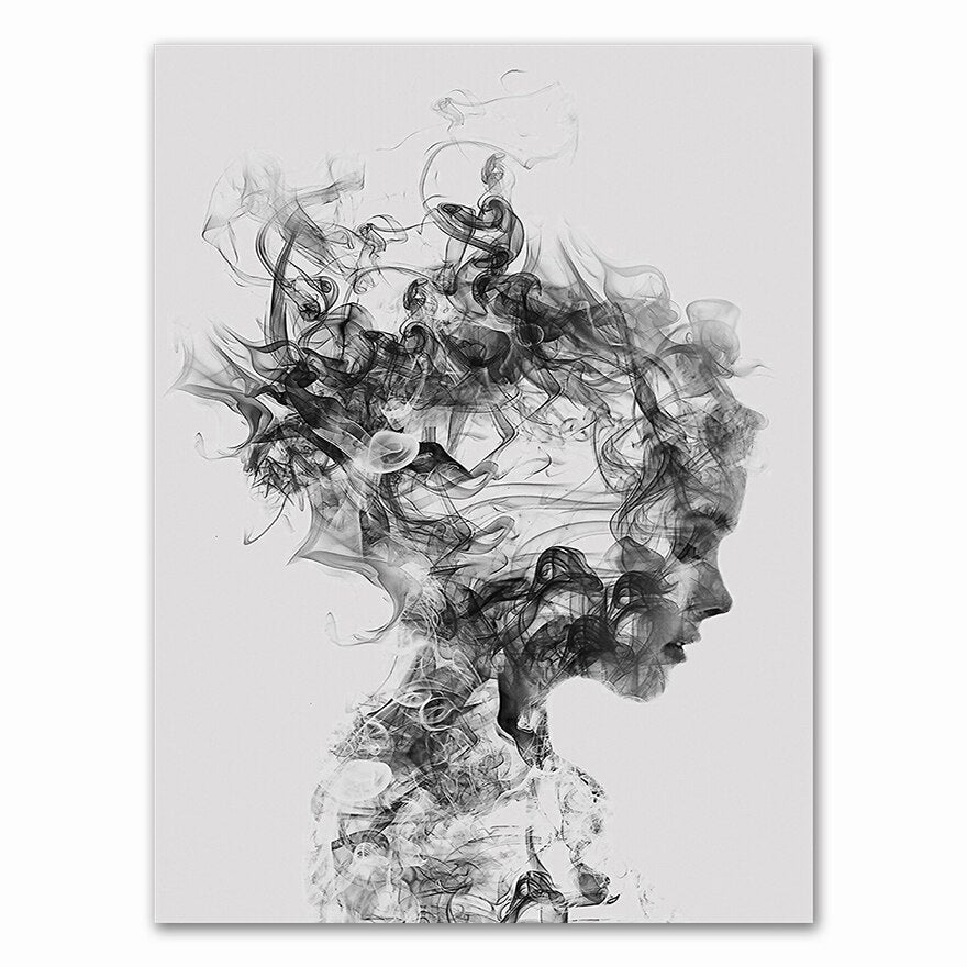 Abstract Girl Portrait Wall Art Minimalist Black White Feathers Fine Art Canvas Prints Modern Pictures For Scandinavian Living Room Bedroom Art Decor