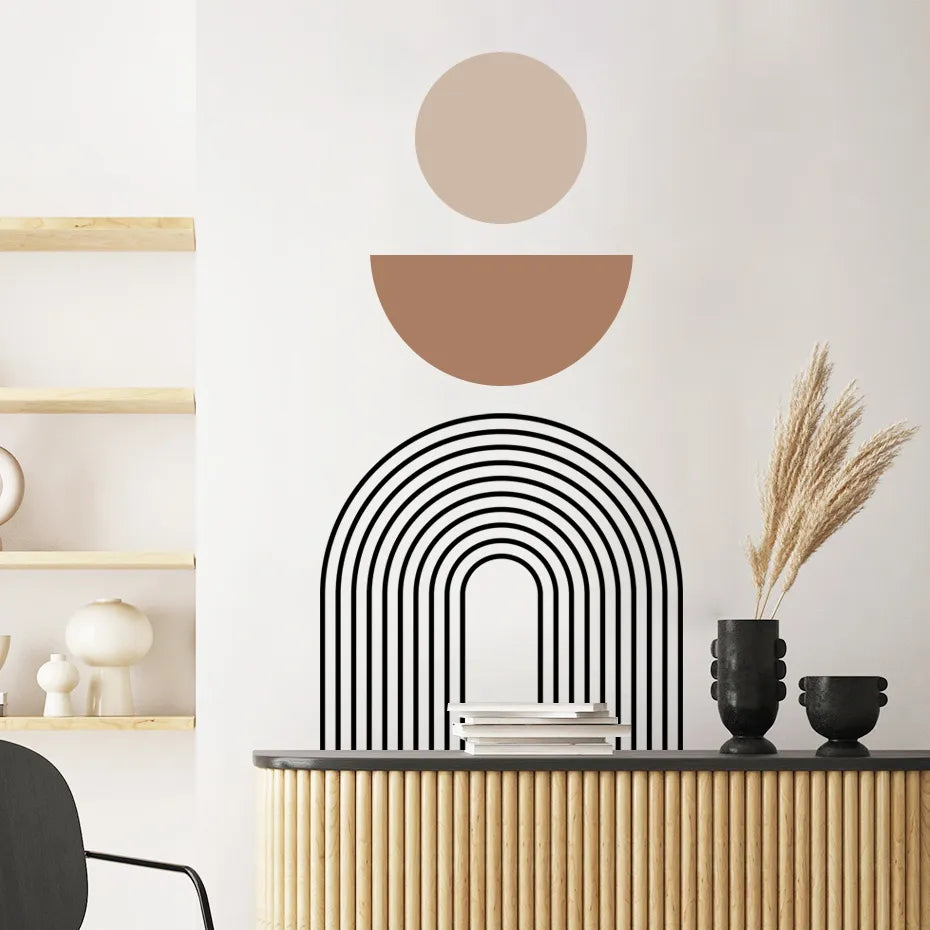 * Featured Sale * Minimalist Geometric Beige Black Large Rainbow Wall Mural Removable PVC Vinyl Wall Decal For Living Room Kitchen Decor