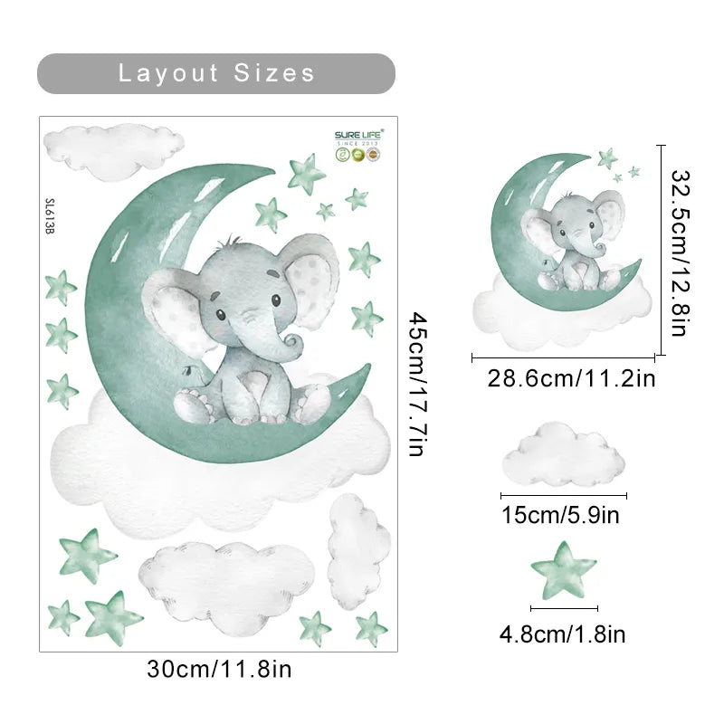Cute Blue Moon Elephant & Stars Wall Stickers For Nursery Room Decor Removable Peel & Stick Wall Decals For Creative DIY Kid's Room Decor