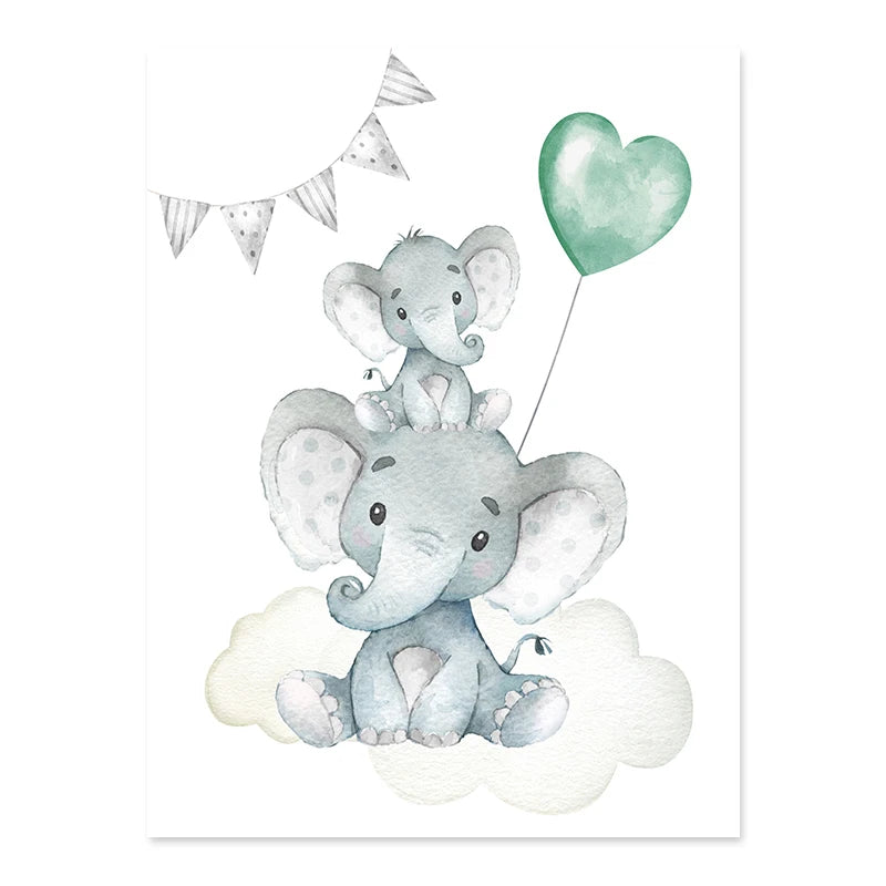 Cute Personalized Baby's Name Wall Art Fine Art Canvas Prints For Nursery Room Baby Elephant Moon & Stars Pictures For Kid's Room Decor