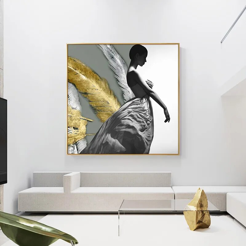 Black White Golden Minimalist Portrait Figure Art Abstract Wall Art Square Format Fine Art Canvas Prints For Modern Home Decor