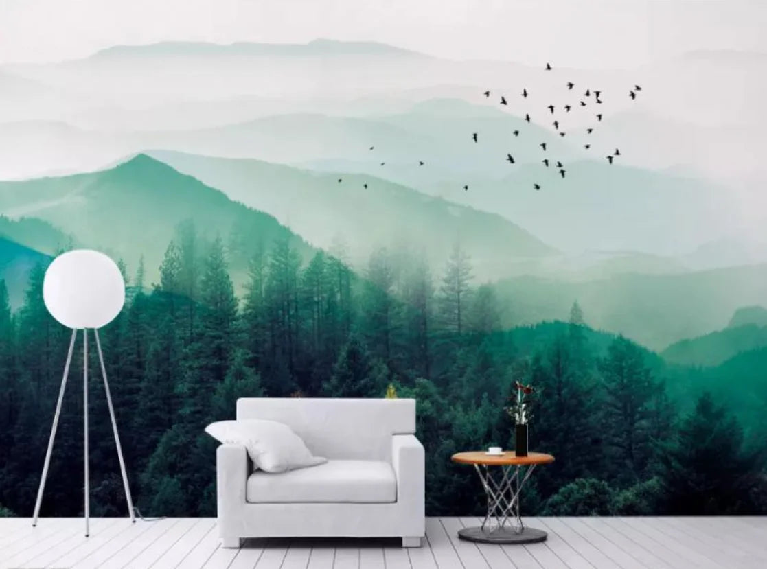 Misty Forest Landscape Wall Mural Big Format Printed Nordic Wallcovering Wallpaper For Modern Living Room Creative Home Office Wall Decoration