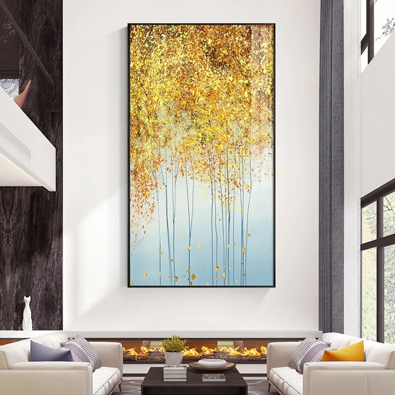 Modern Abstract Auspicious Golden Leaf Forest Wall Art Fine Art Canvas Prints Pictures For Entrance Hall Kitchen Living Room Dining Room Decor