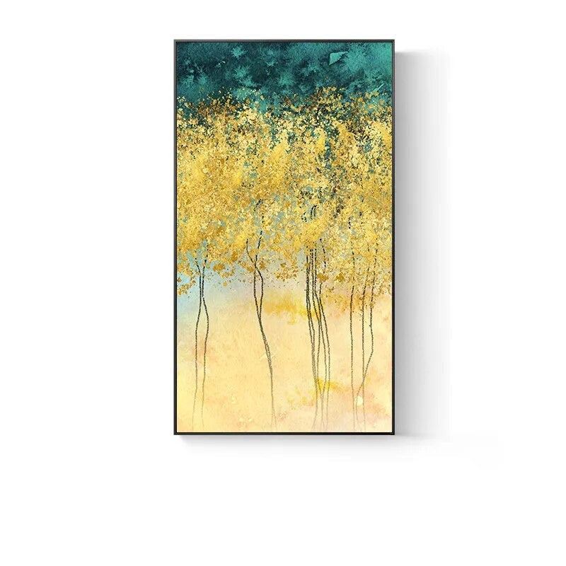 Modern Abstract Auspicious Golden Leaf Forest Wall Art Fine Art Canvas Prints Pictures For Entrance Hall Kitchen Living Room Dining Room Decor