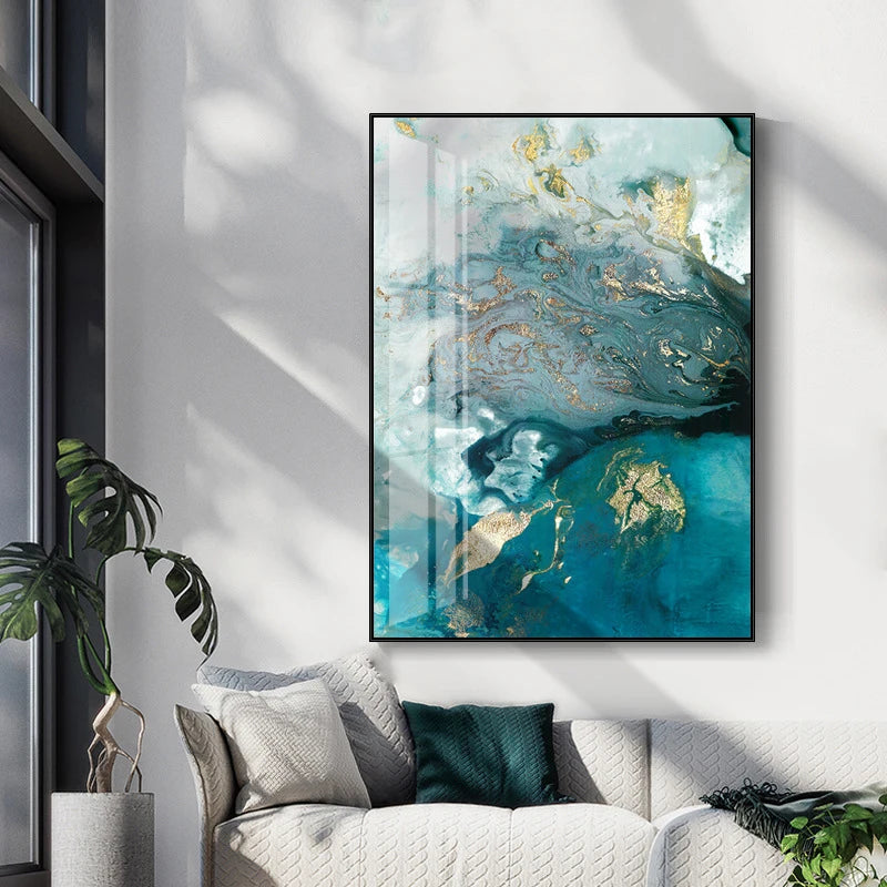 Abstract Aqua Blue Green Jade Golden Liquid Marble Print Wall Art Fine Art Canvas Prints Pictures For Luxury Living Room Art Decor