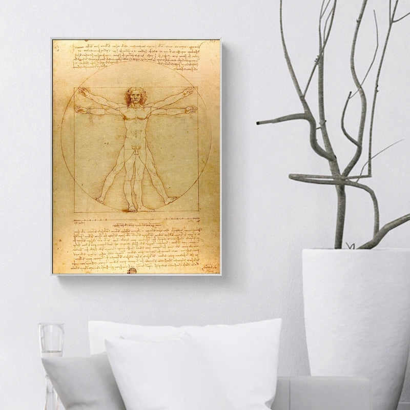 Classic Painting Vitruvian Man, Study of Proportions by Leonardo da Vinci Fine Art Canvas Print Famous Paintings Wall Art Home Office Decor