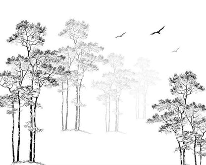 Big Sizes Simple Botanical Trees & Birds Wall Mural Large Format Black & White Custom Printed Wall Decoration For Living Room Home Office Art Decor