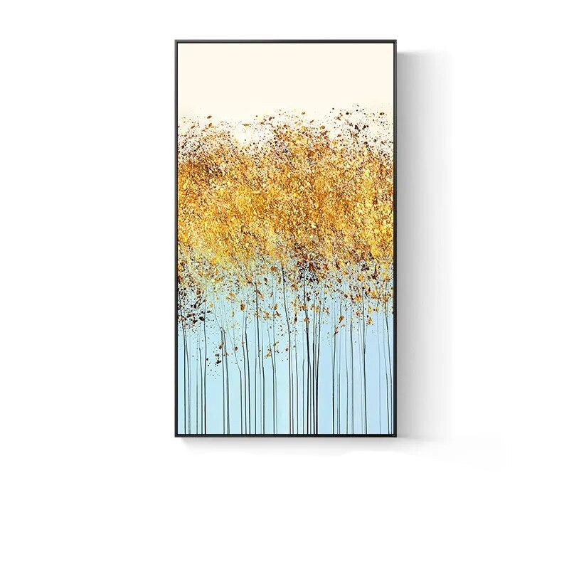 Modern Abstract Auspicious Golden Leaf Forest Wall Art Fine Art Canvas Prints Pictures For Entrance Hall Kitchen Living Room Dining Room Decor