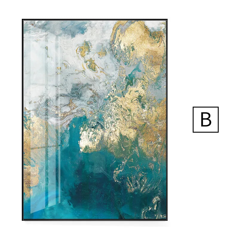 Abstract Aqua Blue Green Jade Golden Liquid Marble Print Wall Art Fine Art Canvas Prints Pictures For Luxury Living Room Art Decor