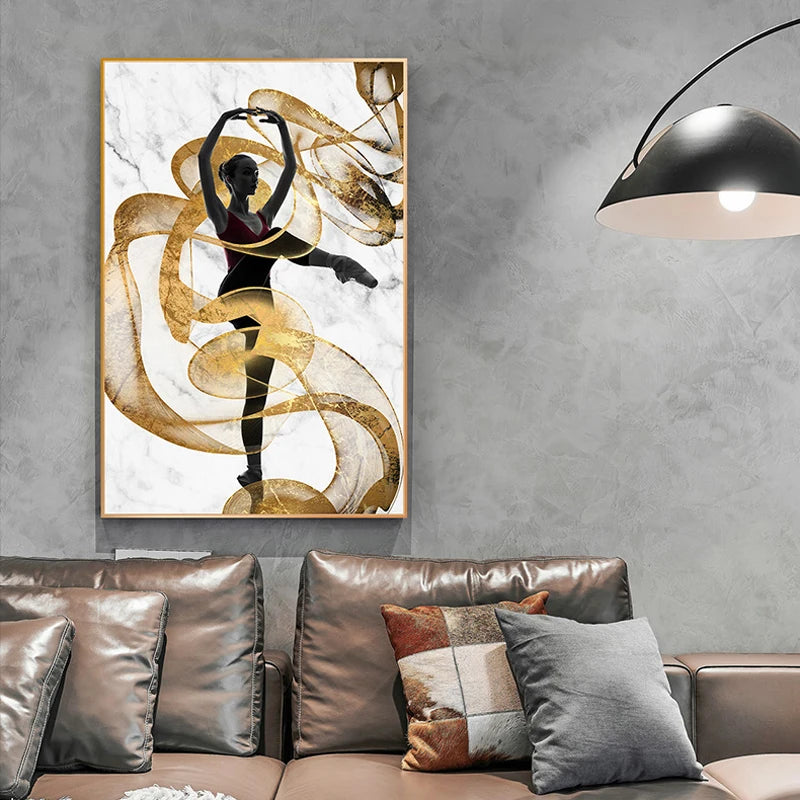 Golden Ribbon Dancer Wall Art Fine Art Canvas Prints Modern Abstract Fashion Pictures For Living Room Bedroom Salon Art Decor