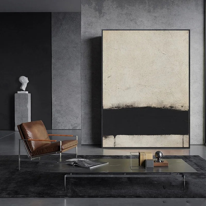 Hand Painted Modern Abstract Beige Black Minimalist Wall Art For Living Room Bedroom Home Office Decor - Acrylic Painting On Canvas