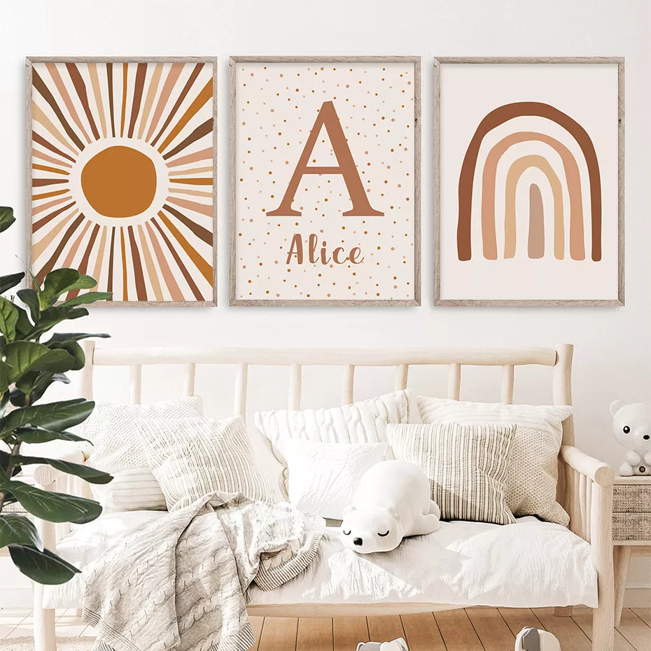Sun & Rainbow Personalized Nordic Nursery Wall Art Fine Art Canvas Prints Customized Baby's Name Posters Prints For Kid's Room Decor