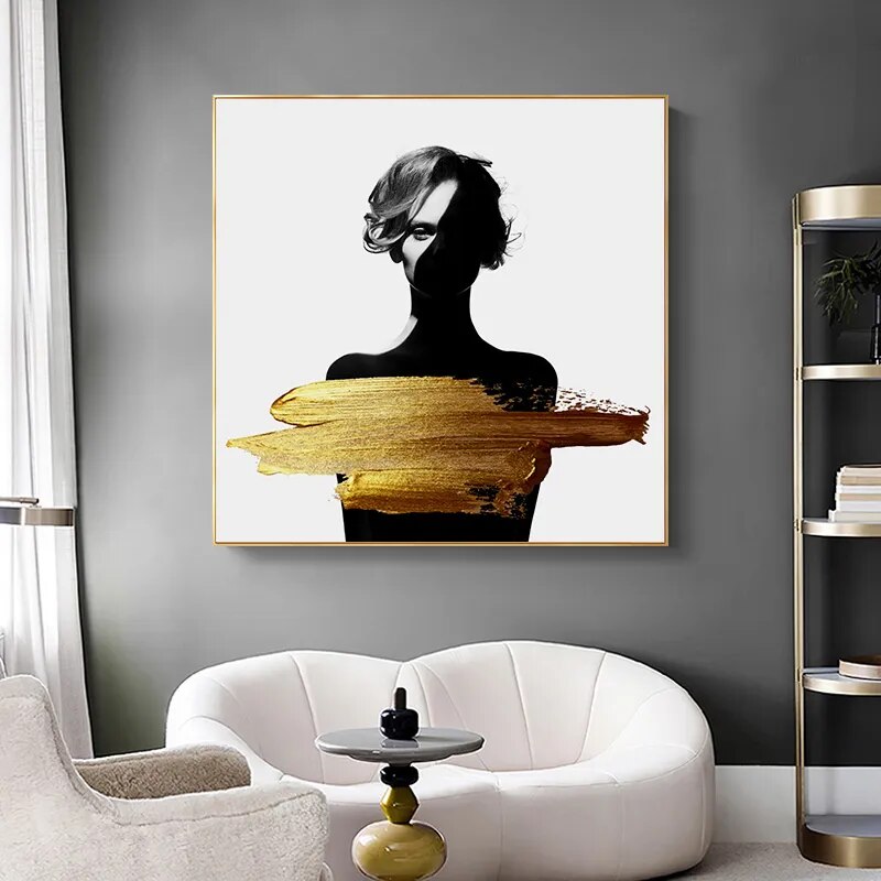 Black White Golden Minimalist Portrait Figure Art Abstract Wall Art Square Format Fine Art Canvas Prints For Modern Home Decor