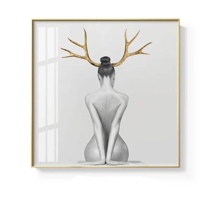 Black White Golden Minimalist Portrait Figure Art Abstract Wall Art Square Format Fine Art Canvas Prints For Modern Home Decor