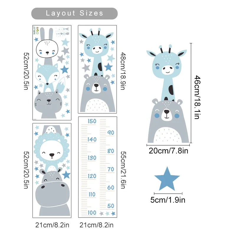 Cute Woodland Animals Height Measurement Wall Sticker For Nursery Room Removable Peel & Stick PVC Wall Decal For Creative Kid's Room Decor