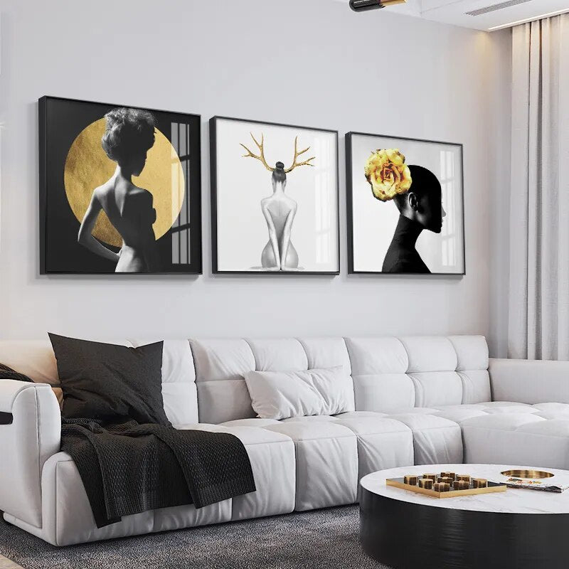 Black White Golden Minimalist Portrait Figure Art Abstract Wall Art Square Format Fine Art Canvas Prints For Modern Home Decor