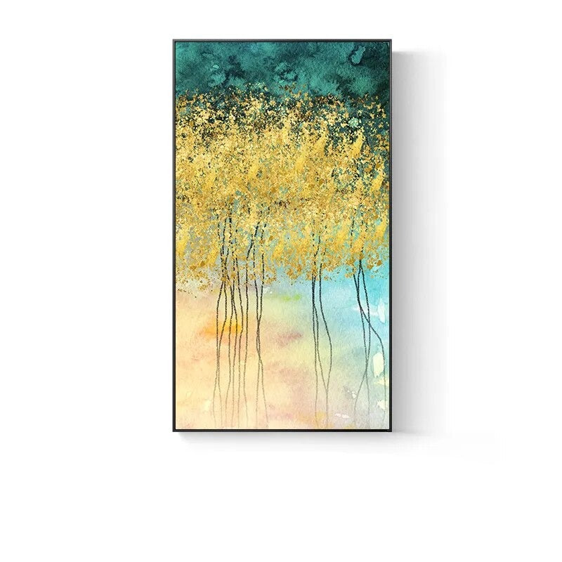 Modern Abstract Auspicious Golden Leaf Forest Wall Art Fine Art Canvas Prints Pictures For Entrance Hall Kitchen Living Room Dining Room Decor