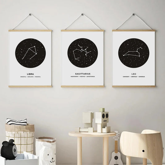 Constellation Posters Abstract Astrology Wall Art Black White Canvas Prints Each Star-Sign With 3 Traits Canvas Prints For Office Bedroom Home Decor