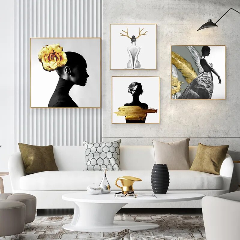 Black White Golden Minimalist Portrait Figure Art Abstract Wall Art Square Format Fine Art Canvas Prints For Modern Home Decor