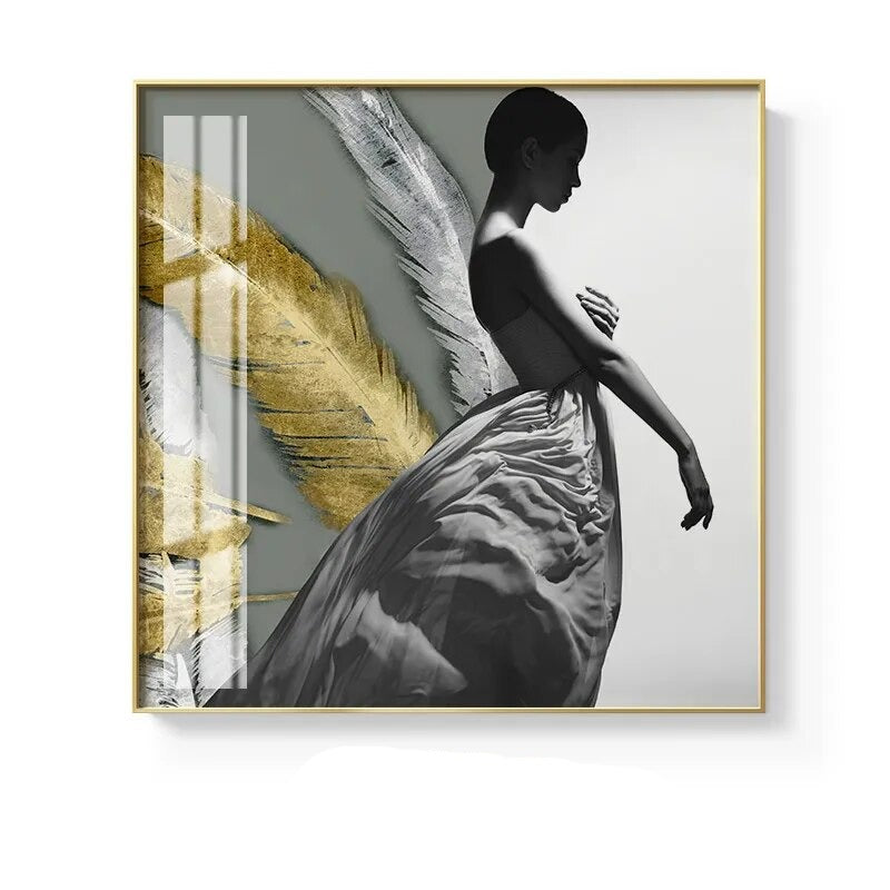 Black White Golden Minimalist Portrait Figure Art Abstract Wall Art Square Format Fine Art Canvas Prints For Modern Home Decor