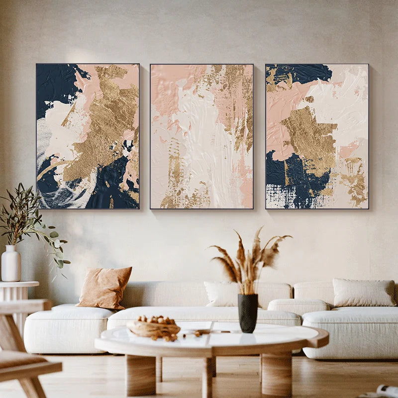 Modern Abstract Wall Art Fine Art Canvas Prints Blue Pink Golden Beige Pictures For Bedroom Living Room Home Office Decor
