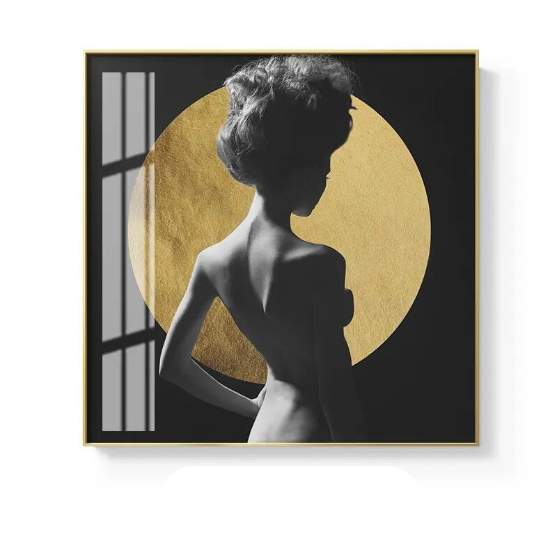 Black White Golden Minimalist Portrait Figure Art Abstract Wall Art Square Format Fine Art Canvas Prints For Modern Home Decor