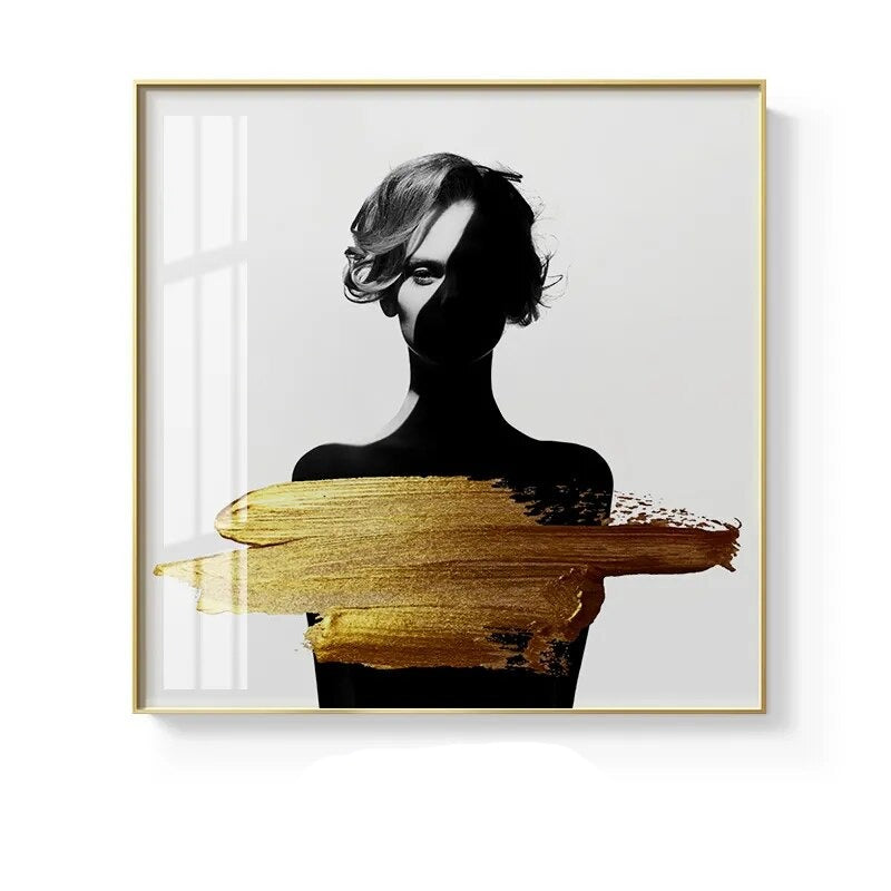 Black White Golden Minimalist Portrait Figure Art Abstract Wall Art Square Format Fine Art Canvas Prints For Modern Home Decor