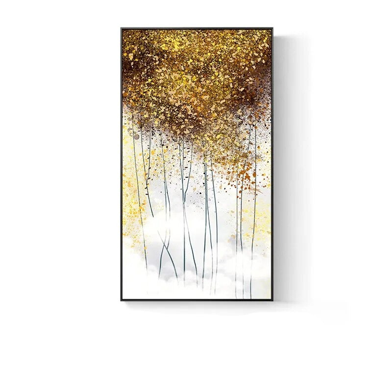 Modern Abstract Auspicious Golden Leaf Forest Wall Art Fine Art Canvas Prints Pictures For Entrance Hall Kitchen Living Room Dining Room Decor
