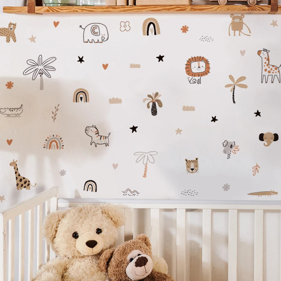 Jungle Animals & Plants Wall Stickers – Abstract Cartoon Vinyl Wall Decals for Nursery, Children's Bedroom & Creative DIY Kid's Room Decoration
