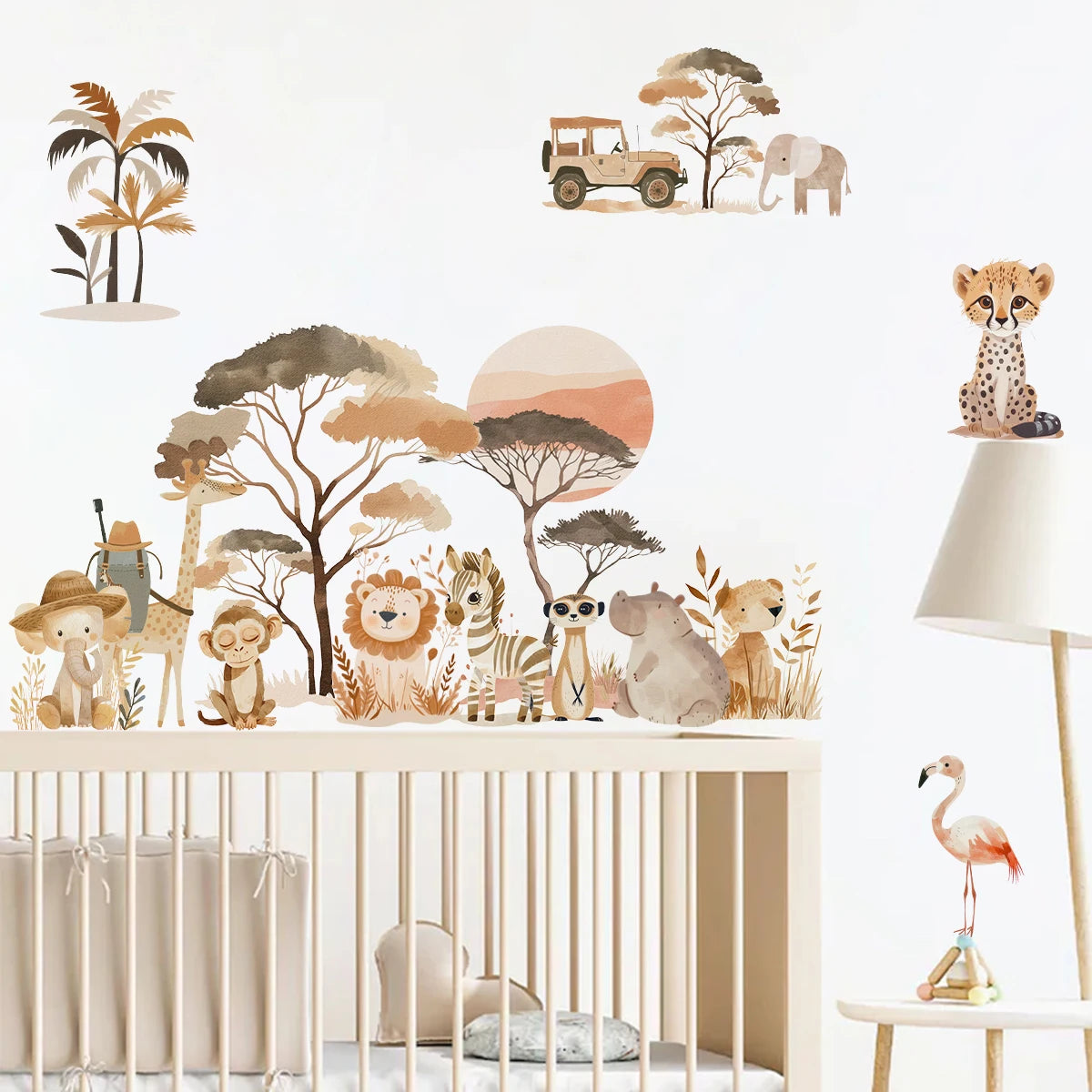 Children's room with safari-themed wall decals and decor.