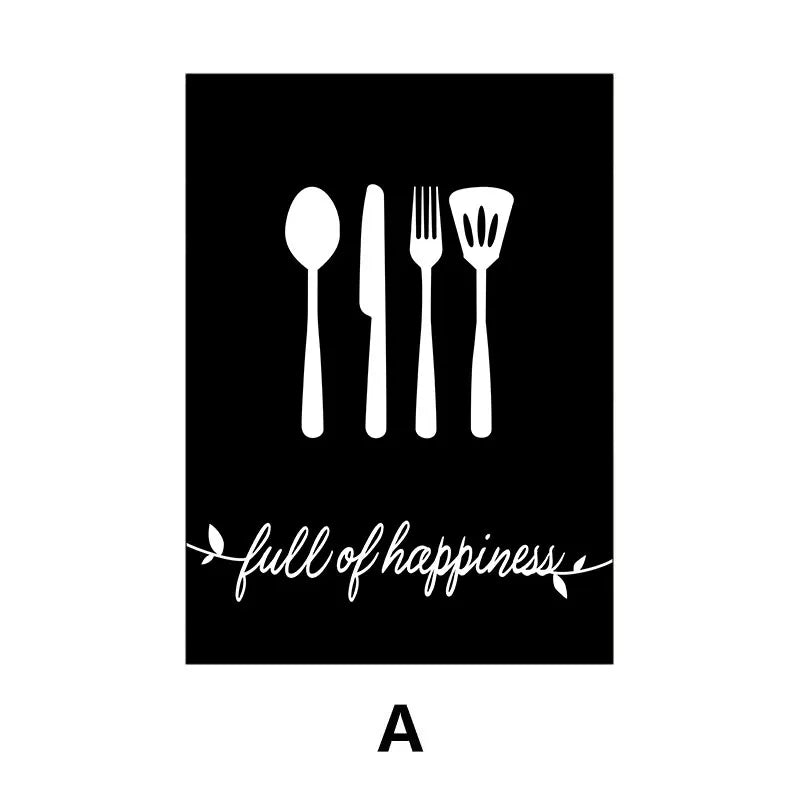 Black poster with white cutlery icons and 'full of happiness' text on a white background